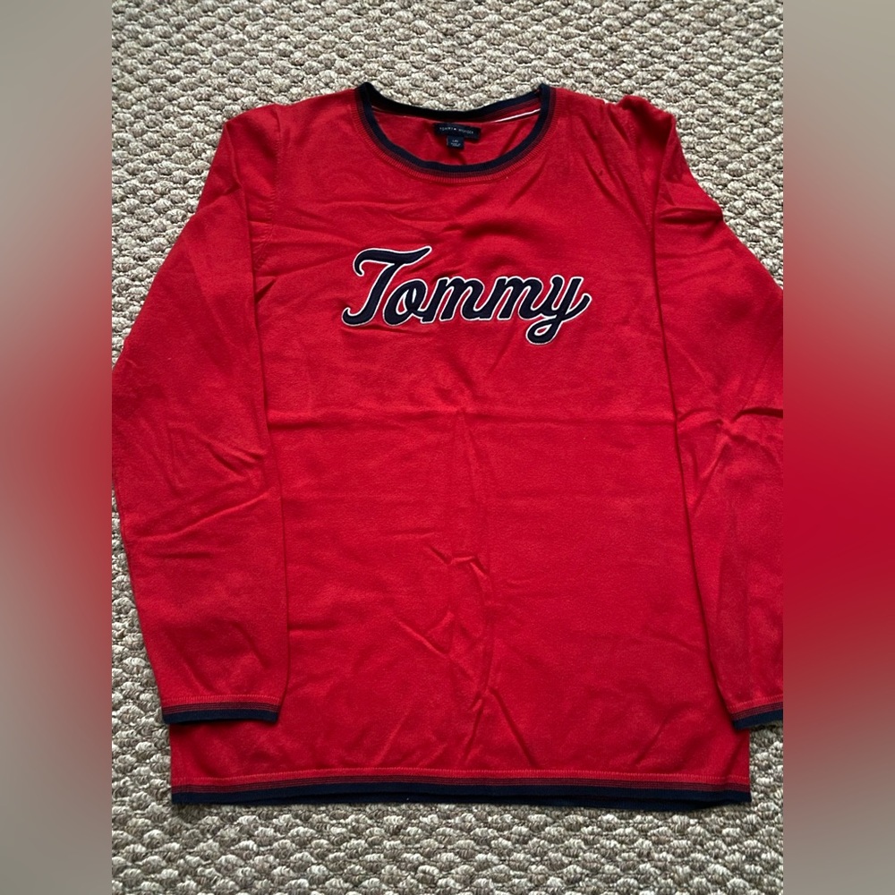 Tommy Hilfiger Large Red Long Sleeve Tee Shirt Embroidered Logo